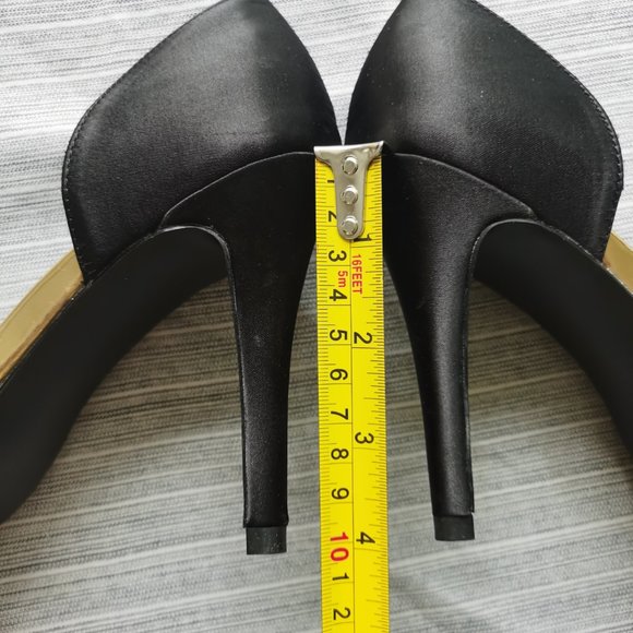 Black Satin Rhinestone Bow Open-toe Pump Heels - Picture 6 of 9